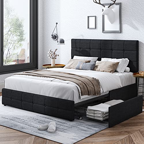 Modern Upholstered Bed Frame with 4 Drawers, Platform Bed with Button Tufted Headboard, Solid Wooden Slat Support, Easy Assembly, Queen Size, Black