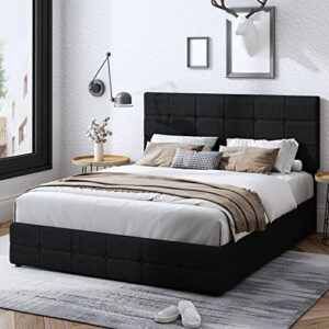 Modern Upholstered Bed Frame with 4 Drawers, Platform Bed with Button Tufted Headboard, Solid Wooden Slat Support, Easy Assembly, Queen Size, Black