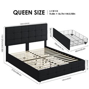 Modern Upholstered Bed Frame with 4 Drawers, Platform Bed with Button Tufted Headboard, Solid Wooden Slat Support, Easy Assembly, Queen Size, Black