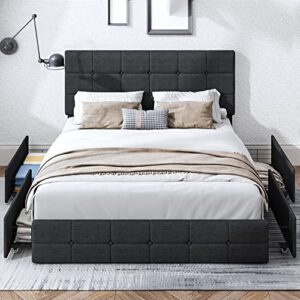 Modern Upholstered Bed Frame with 4 Drawers, Platform Bed with Button Tufted Headboard, Solid Wooden Slat Support, Easy Assembly, Queen Size, Black