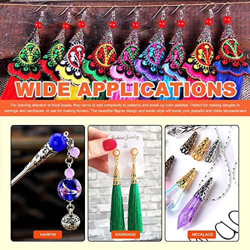 Tanstic 400Pcs 41mm 35mm 22mm 16mm 5 Colors Tibetan Iron Long Flower Bead Caps, Long Filigree Flower Spacer Bead Caps for Jewelry Craft Bracelet Necklace DIY Making