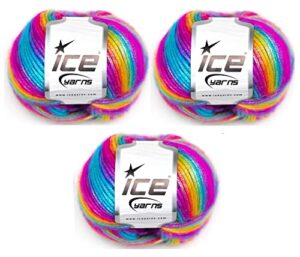 ice yarns picasso rainbow (3-piece pack) blue, purple, green, yellow, orange, pink fuzzy with subtle sheen yarn 44% acrylic, 56% polyester (3x1.76 oz),(3x125 yds)