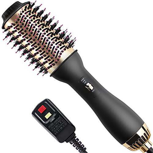 Hair Dryer Brush, FVW Hot Air Brush, Hair Dryer Styler & Volumizer 3-in-1 Brush for Hair Fast Drying, Straightening and Curling, 3-Adjustable Temperature and Speed, Golden