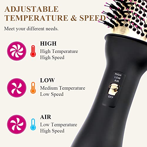 Hair Dryer Brush, FVW Hot Air Brush, Hair Dryer Styler & Volumizer 3-in-1 Brush for Hair Fast Drying, Straightening and Curling, 3-Adjustable Temperature and Speed, Golden