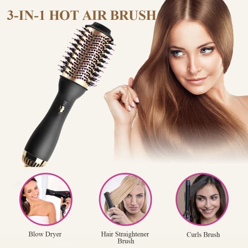 Hair Dryer Brush, FVW Hot Air Brush, Hair Dryer Styler & Volumizer 3-in-1 Brush for Hair Fast Drying, Straightening and Curling, 3-Adjustable Temperature and Speed, Golden