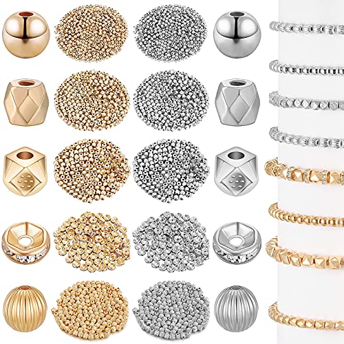 2000 Pieces DIY Assorted Spacer Bead Set Round Smooth Tiny Bead Diamond Ring Bead Cube Faceted Spacer Bead Corner Square Bead Loose Jewelry Bead for Bracelet Earring Necklace DIY Jewelry Craft Making