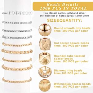 2000 Pieces DIY Assorted Spacer Bead Set Round Smooth Tiny Bead Diamond Ring Bead Cube Faceted Spacer Bead Corner Square Bead Loose Jewelry Bead for Bracelet Earring Necklace DIY Jewelry Craft Making