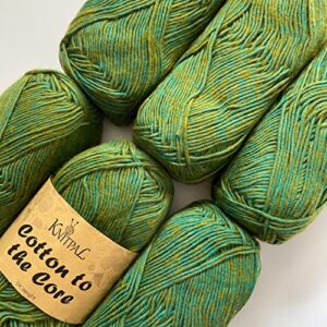 cotton to the core knit & crochet yarn, soft for babies, (free patterns), 6 skeins, 852 yards/300 grams, light worsted gauge 3, machine wash (mossy green)