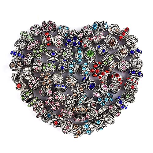 60 Pieces Assorted European Beads with Plating Silver Metal Alloy Rhinestone Large Hole Spacer Beads for DIY Charm Bracelet Jewelry Making (Inlaid Drill Alloy)