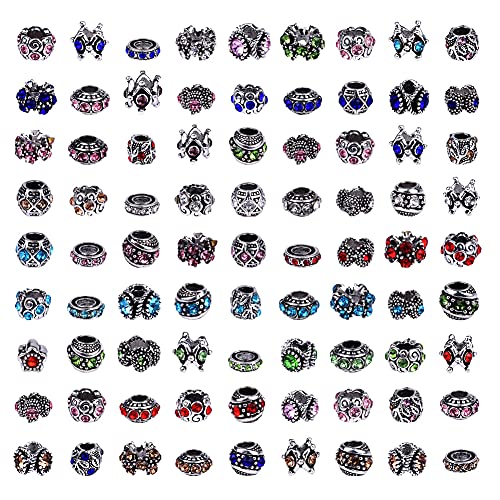 60 Pieces Assorted European Beads with Plating Silver Metal Alloy Rhinestone Large Hole Spacer Beads for DIY Charm Bracelet Jewelry Making (Inlaid Drill Alloy)