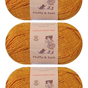 3-Pack Fluffy Wool Yarn by Yonkey Monkey. Lightweight and Soft. Knitting Crochet DIY Art Crafts (Turmeric 030)