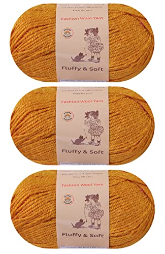 3-Pack Fluffy Wool Yarn by Yonkey Monkey. Lightweight and Soft. Knitting Crochet DIY Art Crafts (Turmeric 030)