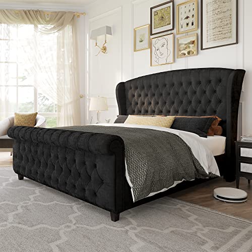 AMERLIFE King Size Platform Bed Frame, Velvet Upholstered Sleigh Bed with Scroll Wingback Headboard & Footboard/Button Tufted/No Box Spring Required/Black