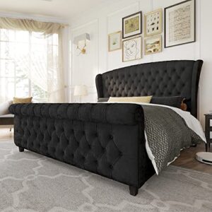 amerlife king size platform bed frame, velvet upholstered sleigh bed with scroll wingback headboard & footboard/button tufted/no box spring required/black