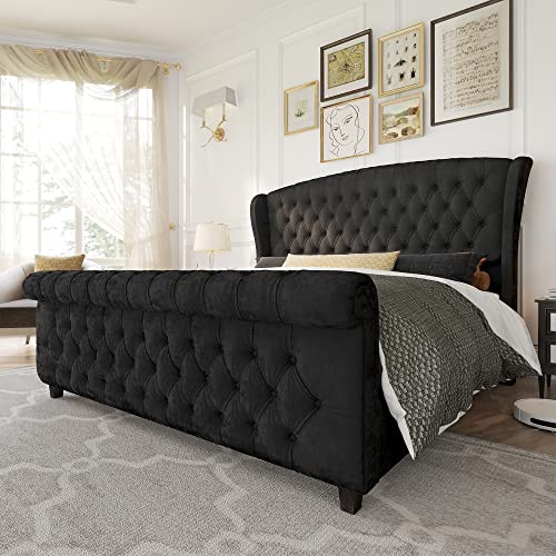 AMERLIFE King Size Platform Bed Frame, Velvet Upholstered Sleigh Bed with Scroll Wingback Headboard & Footboard/Button Tufted/No Box Spring Required/Black