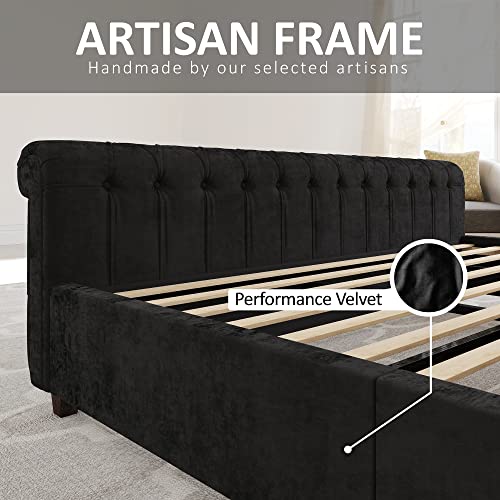 AMERLIFE King Size Platform Bed Frame, Velvet Upholstered Sleigh Bed with Scroll Wingback Headboard & Footboard/Button Tufted/No Box Spring Required/Black