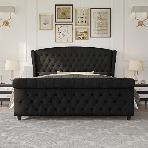 AMERLIFE King Size Platform Bed Frame, Velvet Upholstered Sleigh Bed with Scroll Wingback Headboard & Footboard/Button Tufted/No Box Spring Required/Black