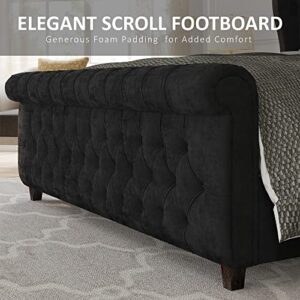 AMERLIFE King Size Platform Bed Frame, Velvet Upholstered Sleigh Bed with Scroll Wingback Headboard & Footboard/Button Tufted/No Box Spring Required/Black