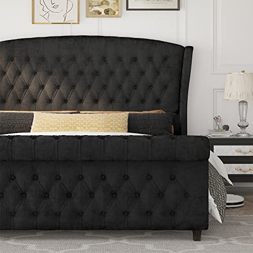 AMERLIFE King Size Platform Bed Frame, Velvet Upholstered Sleigh Bed with Scroll Wingback Headboard & Footboard/Button Tufted/No Box Spring Required/Black