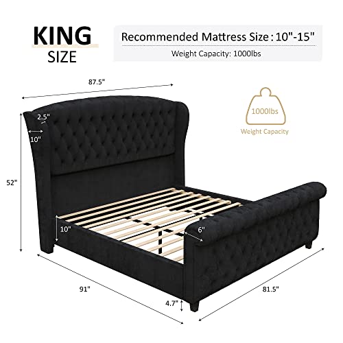 AMERLIFE King Size Platform Bed Frame, Velvet Upholstered Sleigh Bed with Scroll Wingback Headboard & Footboard/Button Tufted/No Box Spring Required/Black