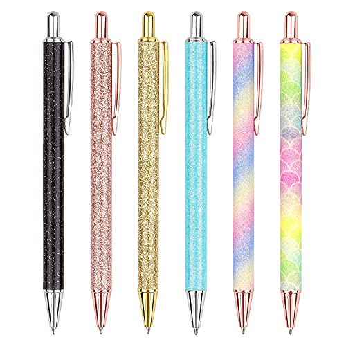 6 PCS Ballpoint Pens, Glitter Rose Gold Click Ball Pens, Metal Retractable Pen, Black Ink Medium Point 1mm, Gifts and Office Supplies