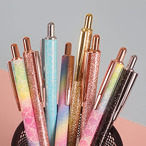 6 PCS Ballpoint Pens, Glitter Rose Gold Click Ball Pens, Metal Retractable Pen, Black Ink Medium Point 1mm, Gifts and Office Supplies