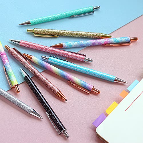 6 PCS Ballpoint Pens, Glitter Rose Gold Click Ball Pens, Metal Retractable Pen, Black Ink Medium Point 1mm, Gifts and Office Supplies