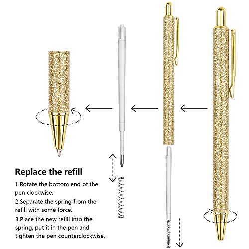 6 PCS Ballpoint Pens, Glitter Rose Gold Click Ball Pens, Metal Retractable Pen, Black Ink Medium Point 1mm, Gifts and Office Supplies