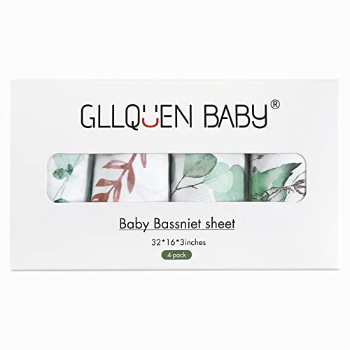 GLLQUEN BABY Bassinet Sheets 4 Pack, Breathable Cozy Fitted Mattress Sheet, Elastic Travel Crib Fashionable Floral Pattern, Standard Cradle Safe Sheets for Baby Boy Girls 32"X16"(Greenery)