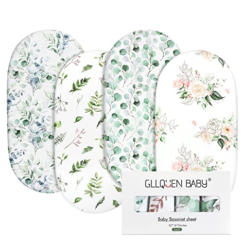 GLLQUEN BABY Bassinet Sheets 4 Pack, Breathable Cozy Fitted Mattress Sheet, Elastic Travel Crib Fashionable Floral Pattern, Standard Cradle Safe Sheets for Baby Boy Girls 32"X16"(Greenery)