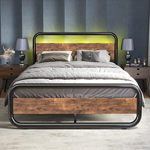 Catrimown Full Size Bed Frame with Headboard Metal LED Bed Frame Full Size Platform Bed Frame Full Heavy Duty Full Wood Platform Bed Frame Under Bed Storage Noise Free No Box Spring Needed