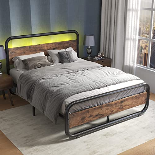 Catrimown Full Size Bed Frame with Headboard Metal LED Bed Frame Full Size Platform Bed Frame Full Heavy Duty Full Wood Platform Bed Frame Under Bed Storage Noise Free No Box Spring Needed