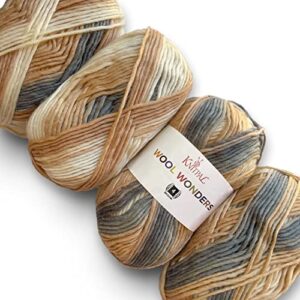 Wool Wonders Variegated Ombre Medium Heavy Worsted/Aran Weight #4 Yarn, 30% Australian Wool and 70% Acrylic, 4 Skeins, 400g/640yds (Neutral Beige)