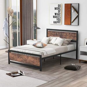 full bed frame with wood headboard, modern rustic style platform bed frame full size, heavy duty strong metal slats support, no box spring needed, easy assembly (black, full)
