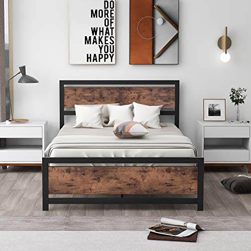 Full Bed Frame with Wood Headboard, Modern Rustic Style Platform Bed Frame Full Size, Heavy Duty Strong Metal Slats Support, No Box Spring Needed, Easy Assembly (Black, Full)