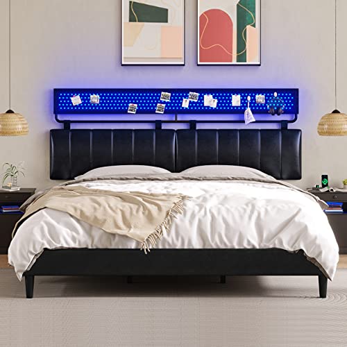 Hasuit King Size Smart LED Bed Frame, Upholstered Platform Bed Frame with Wall Mount Headboard, Verticle Channel Faux Leather Design, No Box Spring Needed, Black