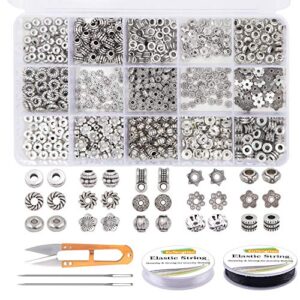 eutenghao 605pcs silver spacer beads 15 style jewelry bead charm spacers alloy spacer beads kit for jewelry making diy bracelets necklace crafting tools kit with 2 crystal cable 2 needles 1 scissor