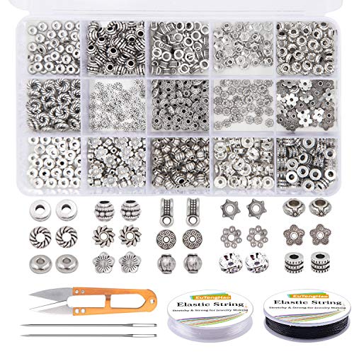 EuTengHao 605pcs Silver Spacer Beads 15 Style Jewelry Bead Charm Spacers Alloy Spacer Beads Kit for Jewelry Making DIY Bracelets Necklace Crafting Tools Kit with 2 Crystal Cable 2 Needles 1 Scissor