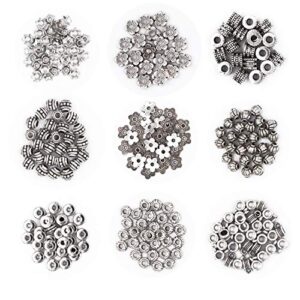 EuTengHao 605pcs Silver Spacer Beads 15 Style Jewelry Bead Charm Spacers Alloy Spacer Beads Kit for Jewelry Making DIY Bracelets Necklace Crafting Tools Kit with 2 Crystal Cable 2 Needles 1 Scissor