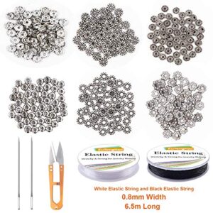 EuTengHao 605pcs Silver Spacer Beads 15 Style Jewelry Bead Charm Spacers Alloy Spacer Beads Kit for Jewelry Making DIY Bracelets Necklace Crafting Tools Kit with 2 Crystal Cable 2 Needles 1 Scissor