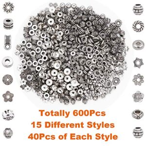 EuTengHao 605pcs Silver Spacer Beads 15 Style Jewelry Bead Charm Spacers Alloy Spacer Beads Kit for Jewelry Making DIY Bracelets Necklace Crafting Tools Kit with 2 Crystal Cable 2 Needles 1 Scissor