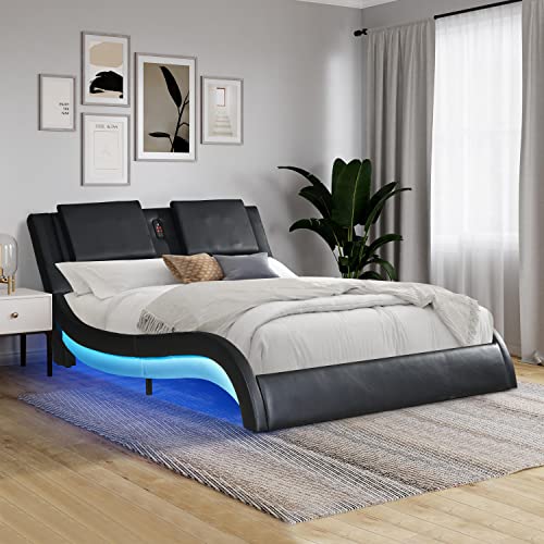 King Size Bed Frame,Modern Faux Leather Platform Bed Frame with LED Lights/USB Charging Ports Headboard,Curve Design Upholstered Platform Bed with Smart Massage/Bluetooth Player (Black+MDF, King)