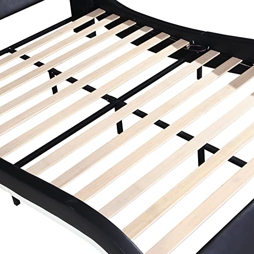 King Size Bed Frame,Modern Faux Leather Platform Bed Frame with LED Lights/USB Charging Ports Headboard,Curve Design Upholstered Platform Bed with Smart Massage/Bluetooth Player (Black+MDF, King)