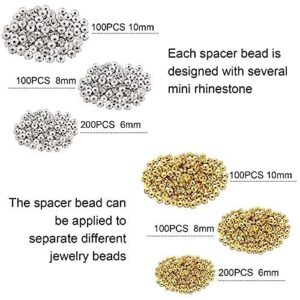 800 Pieces Round Rondelle Spacer Beads Crystal Rhinestone Loose Bead Rondelle Charm Beads 6 mm 8 mm 10 mm for Necklaces Bracelets Jewelry Making (Gold, Silver)