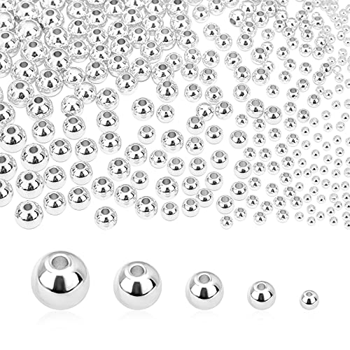 PH PandaHall 5 Sizes Smooth Round Beads, 300pcs 14K Silver Plated Beads Little Round Beads Seamless Ball Beads Long-Lasting Spacers for Hawaii Layered Bracelet Necklace Jewelry DIY Crafts 2/3/4/5/6mm