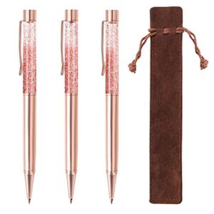 zztx 3 pcs rose gold ballpoint pens metal pen bling dynamic liquid sand pen with refills black ink office supplies gift pens for christmas wedding birthday, with 3 pcs velvet gift pouches