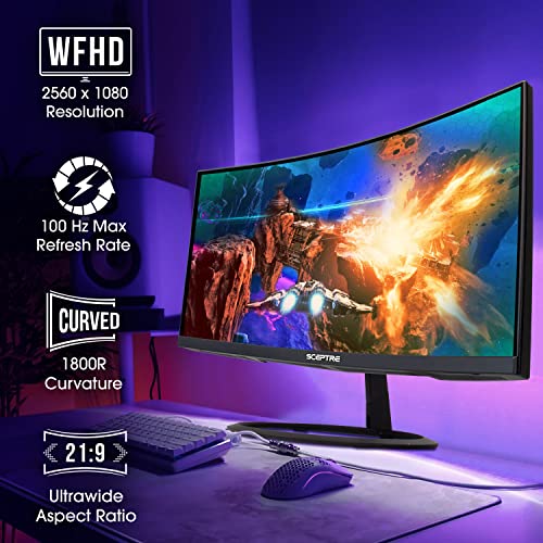 Sceptre Curved 30" 21:9 Gaming LED Monitor 2560x1080p UltraWide Ultra Slim HDMI DisplayPort Up to 85Hz MPRT 1ms FPS-RTS Build-in Speakers, Machine Blue (C305W-2560UN)