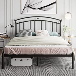 ipormis queen size metal platform bed frame with vintage headboard/heavy duty steel slats support / 12 inches under-bed storage/no box spring needed/easy assembly/noise-free, black