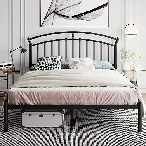 iPormis Queen Size Metal Platform Bed Frame with Vintage Headboard/Heavy Duty Steel Slats Support / 12 Inches Under-Bed Storage/No Box Spring Needed/Easy Assembly/Noise-Free, Black