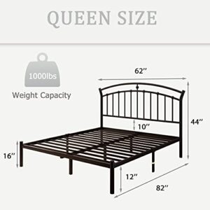 iPormis Queen Size Metal Platform Bed Frame with Vintage Headboard/Heavy Duty Steel Slats Support / 12 Inches Under-Bed Storage/No Box Spring Needed/Easy Assembly/Noise-Free, Black